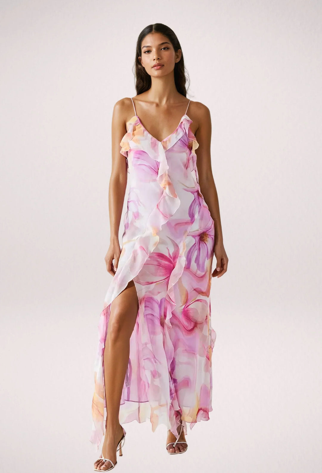 Vestito lungo donna rosa a fiori con volant estivo