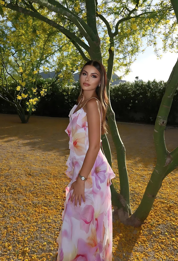 Vestito lungo donna rosa a fiori con volant estivo