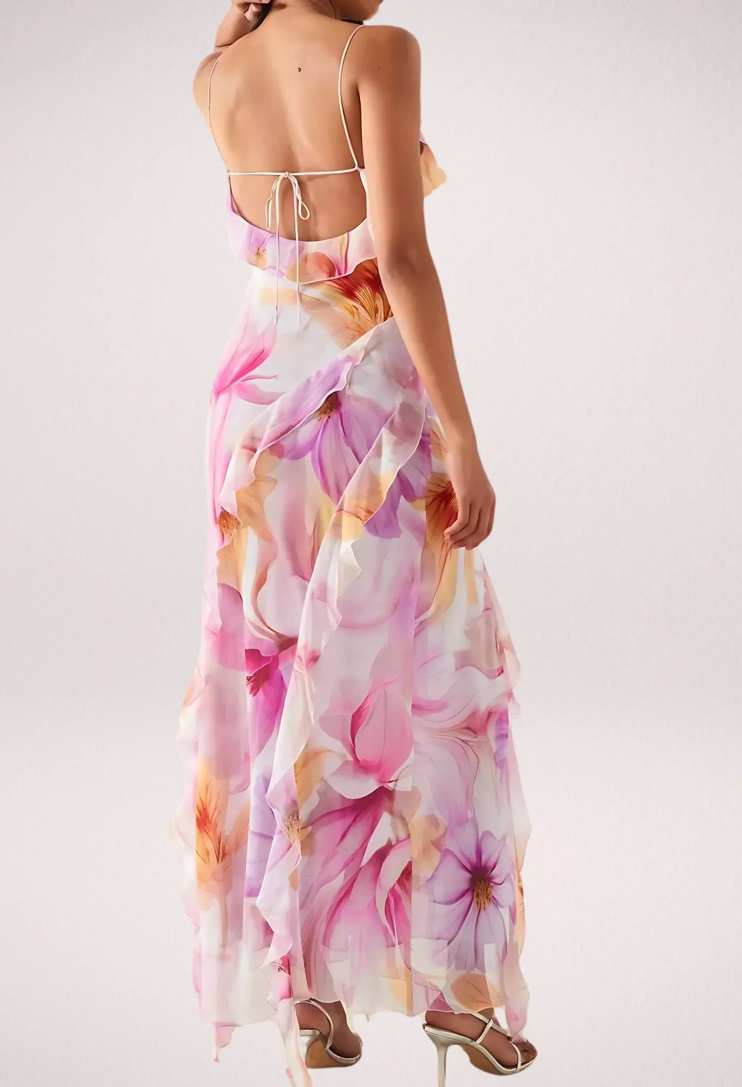 Vestito lungo donna rosa a fiori con volant estivo
