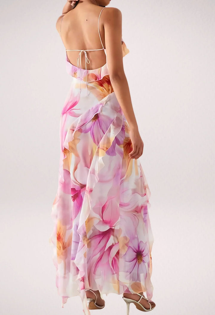 Vestito lungo donna rosa a fiori con volant estivo