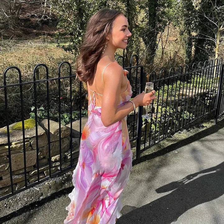 Vestito lungo donna rosa a fiori con volant estivo