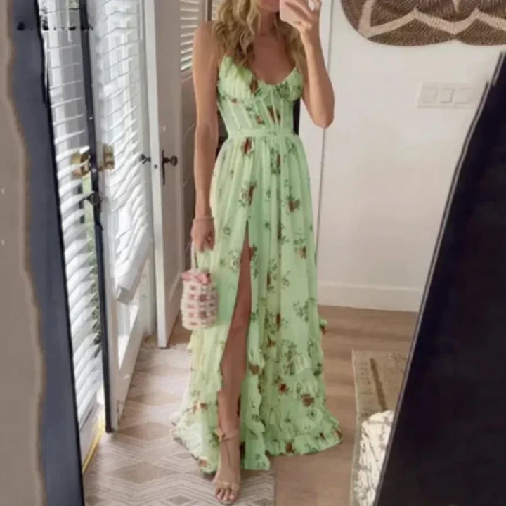 Vestito lungo donna floreale con spacco e scollatura