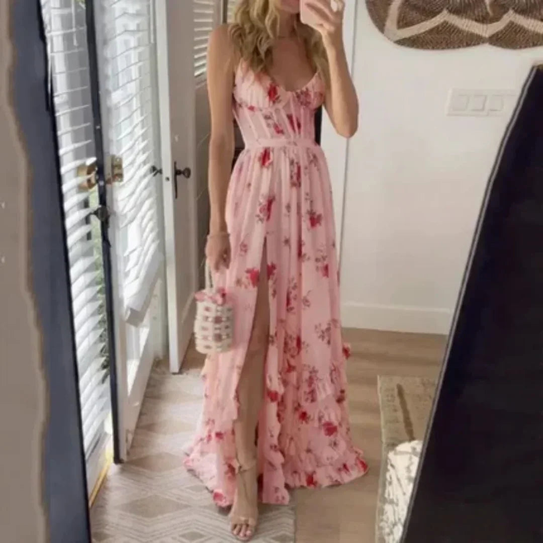Vestito lungo donna floreale con spacco e scollatura