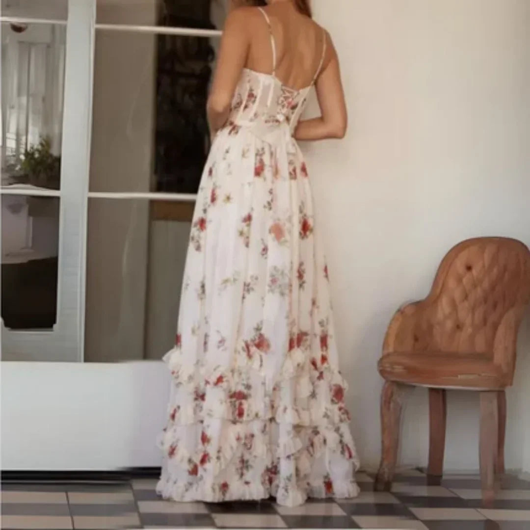 Vestito lungo donna floreale con spacco e scollatura
