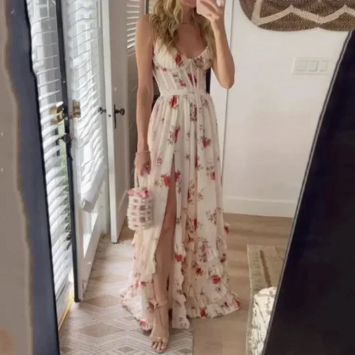 Vestito lungo donna floreale con spacco e scollatura
