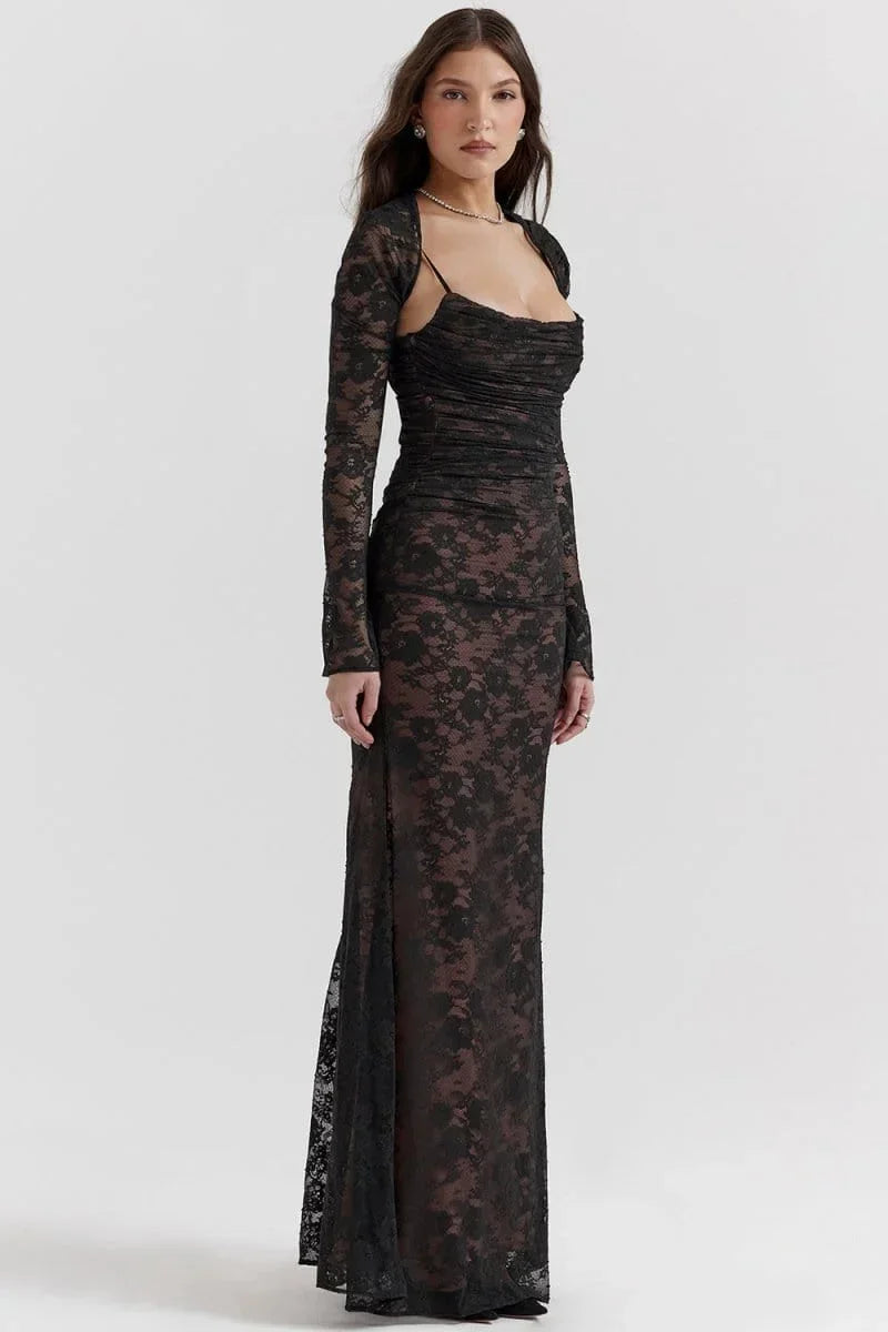 Vestito lungo da sera con pizzo e schiena aperta