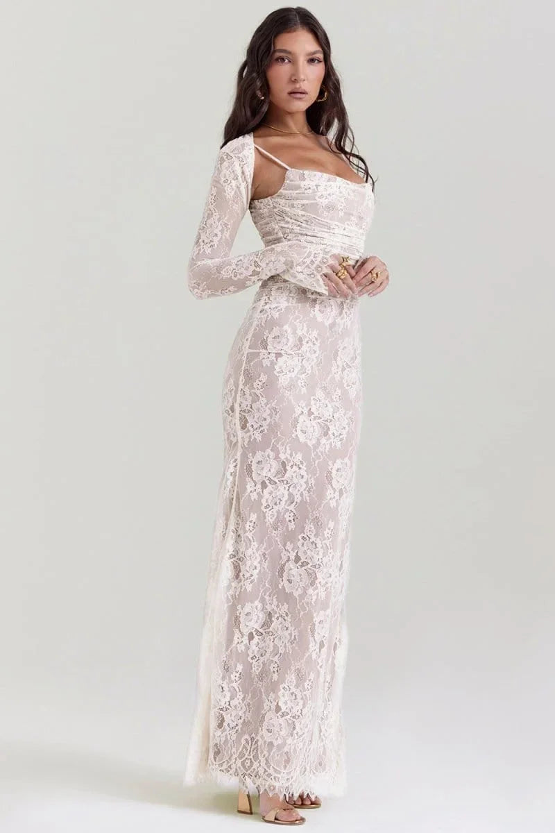 Vestito lungo da sera con pizzo e schiena aperta