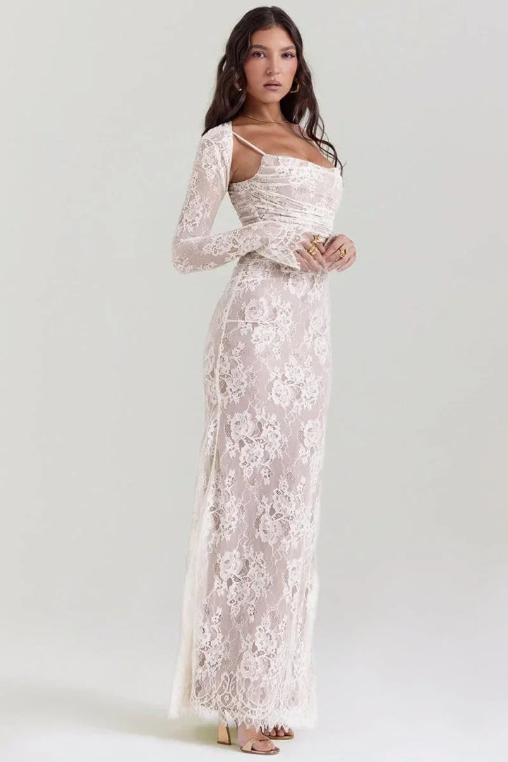 Vestito lungo da sera con pizzo e schiena aperta