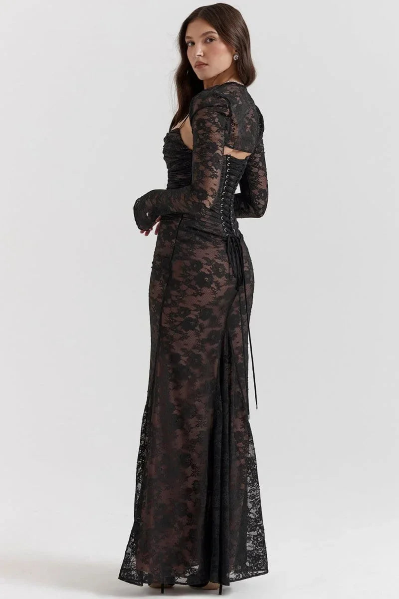Vestito lungo da sera con pizzo e schiena aperta