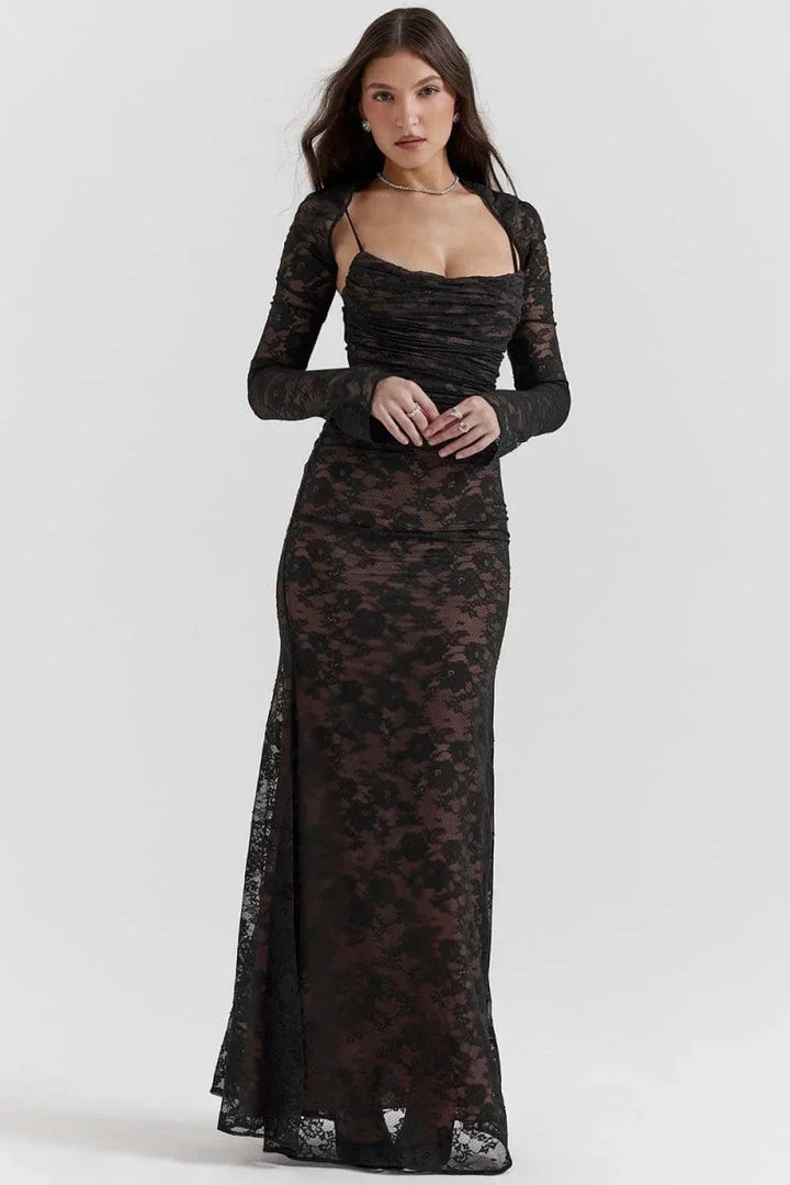 Vestito lungo da sera con pizzo e schiena aperta