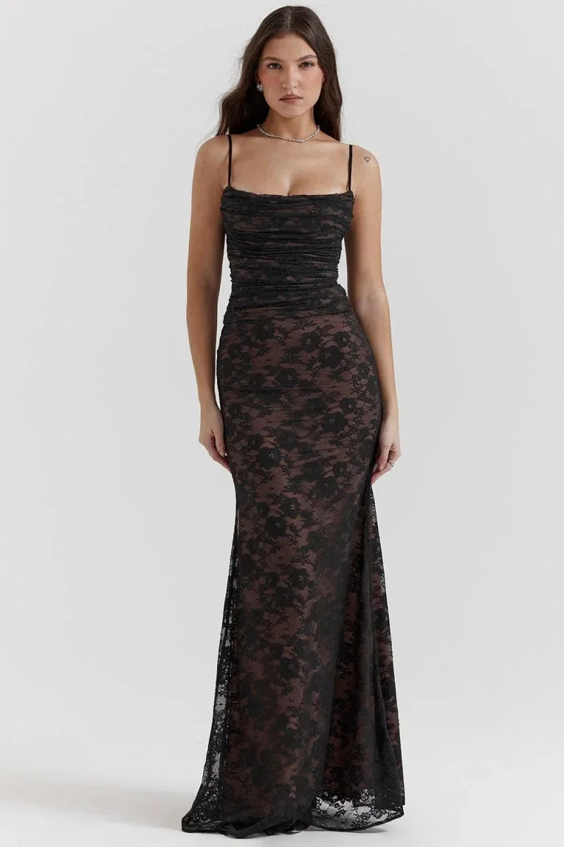 Vestito lungo da sera con pizzo e schiena aperta