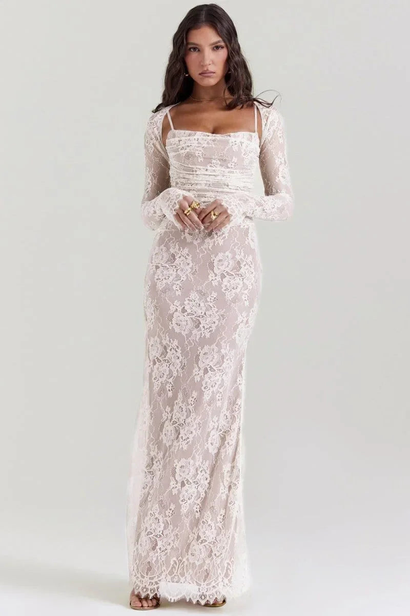 Vestito lungo da sera con pizzo e schiena aperta