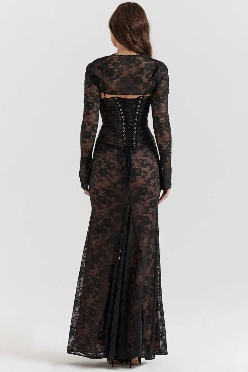 Vestito lungo da sera con pizzo e schiena aperta