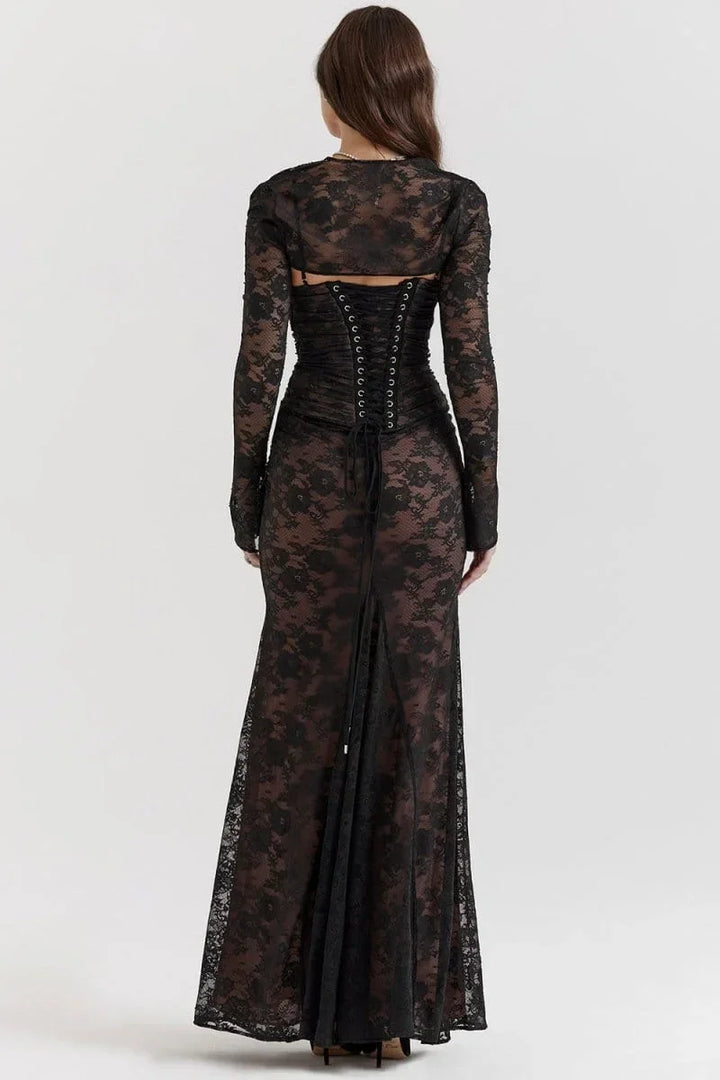 Vestito lungo da sera con pizzo e schiena aperta