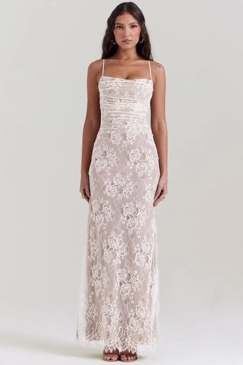Vestito lungo da sera con pizzo e schiena aperta
