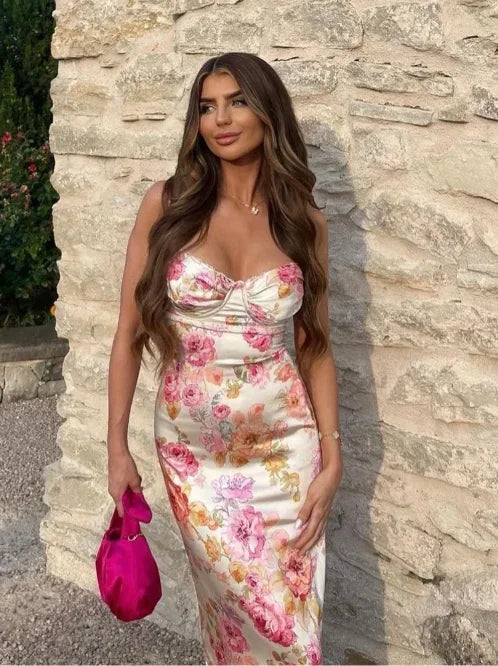 Vestito lungo donna a fiori pastello con bretelline scollo a cuore