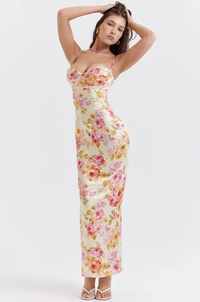 Vestito lungo donna a fiori pastello con bretelline scollo a cuore