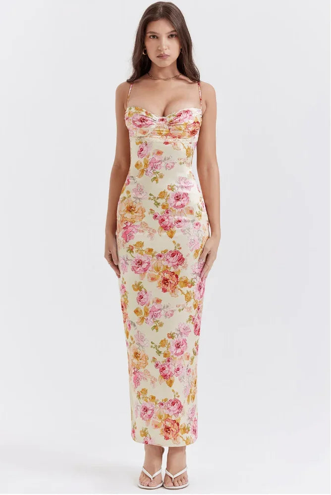 Vestito lungo donna a fiori pastello con bretelline scollo a cuore