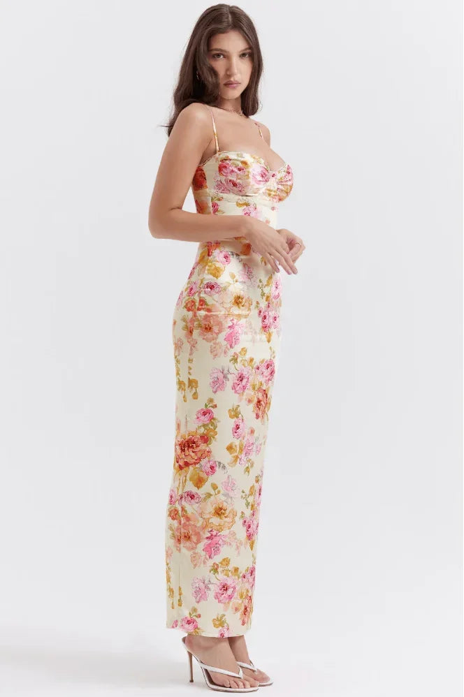 Vestito lungo donna a fiori pastello con bretelline scollo a cuore