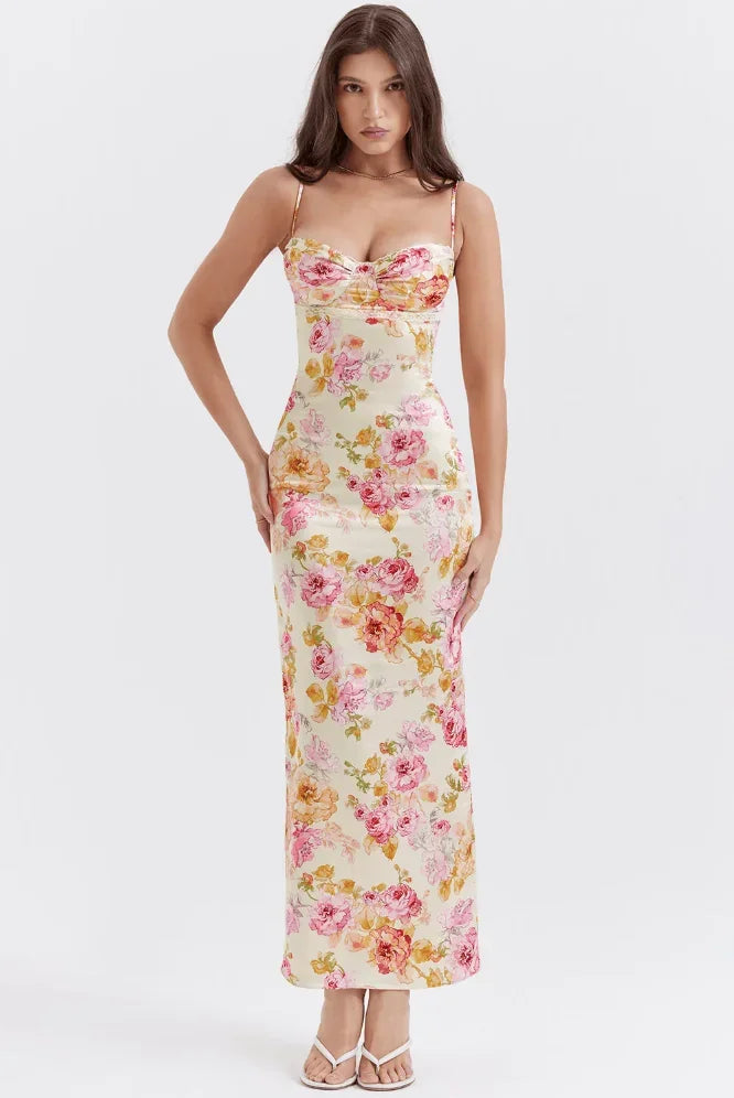 Vestito lungo donna a fiori pastello con bretelline scollo a cuore