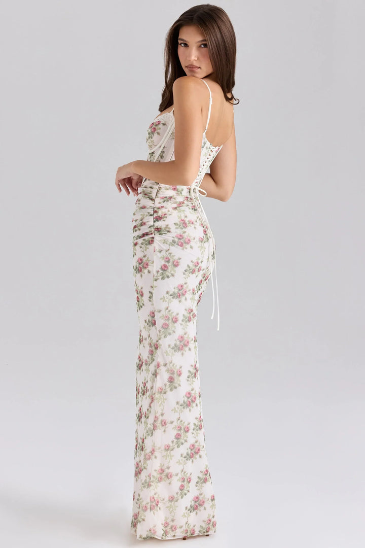 Vestito lungo a fiori per donna con spalline sottili