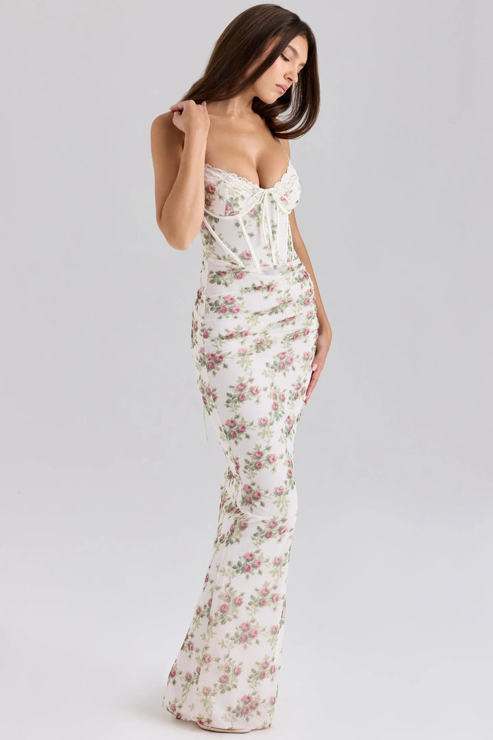Vestito lungo a fiori per donna con spalline sottili