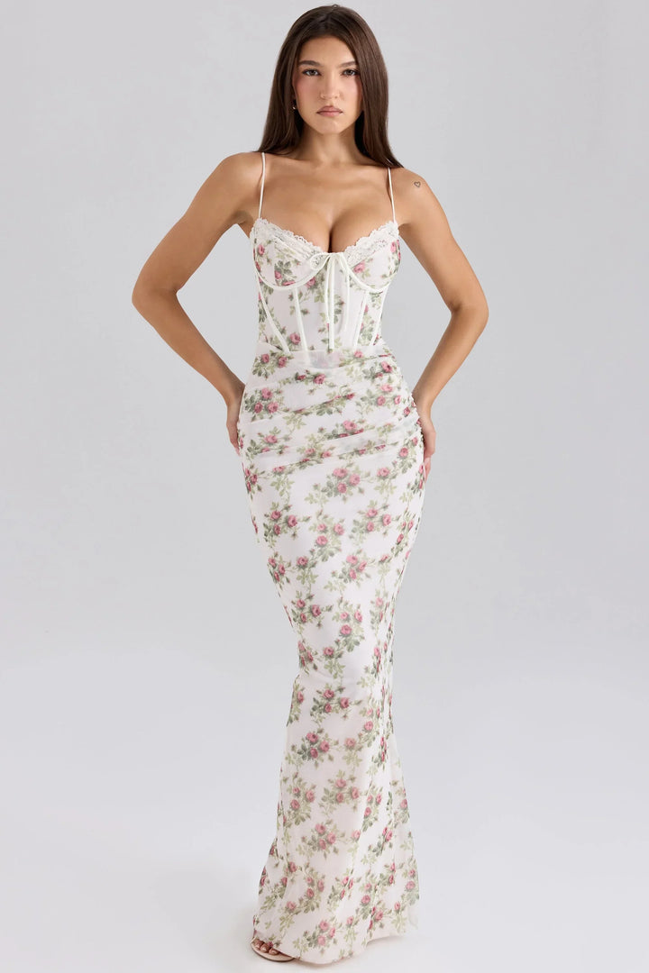Vestito lungo a fiori per donna con spalline sottili