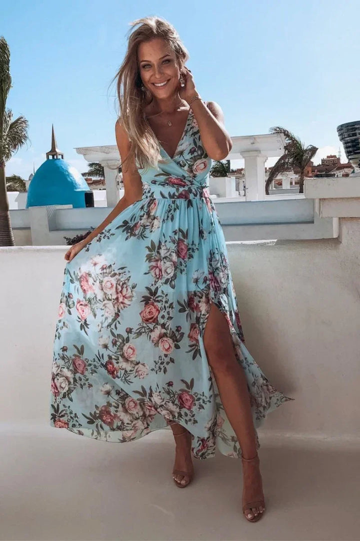 Vestito lungo senza maniche con spacco floreale estivo
