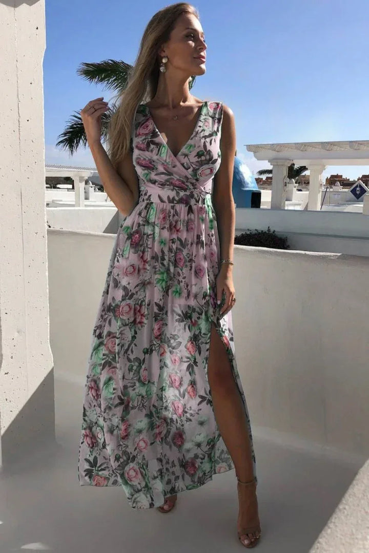Vestito lungo senza maniche con spacco floreale estivo