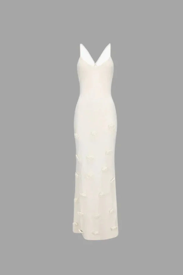 Vestito lungo da sera con bretelle sottili e dettagli floreali
