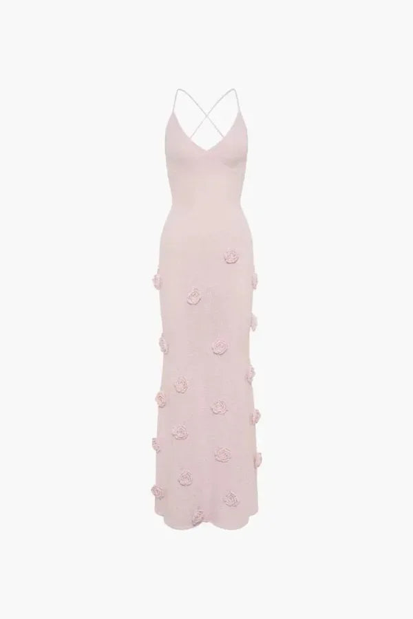 Vestito lungo da sera con bretelle sottili e dettagli floreali
