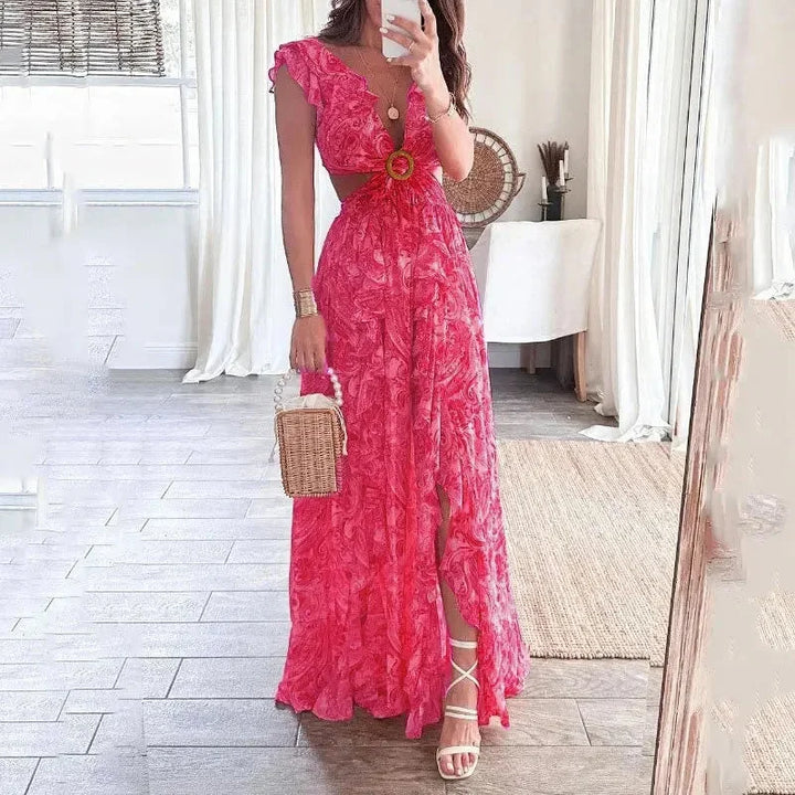 Vestito lungo floreale con cut-out e scollo a V elegante