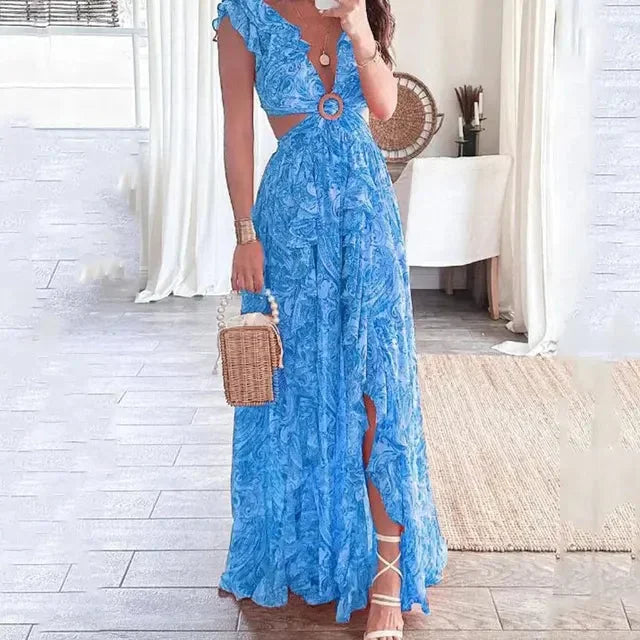 Vestito lungo floreale con cut-out e scollo a V elegante