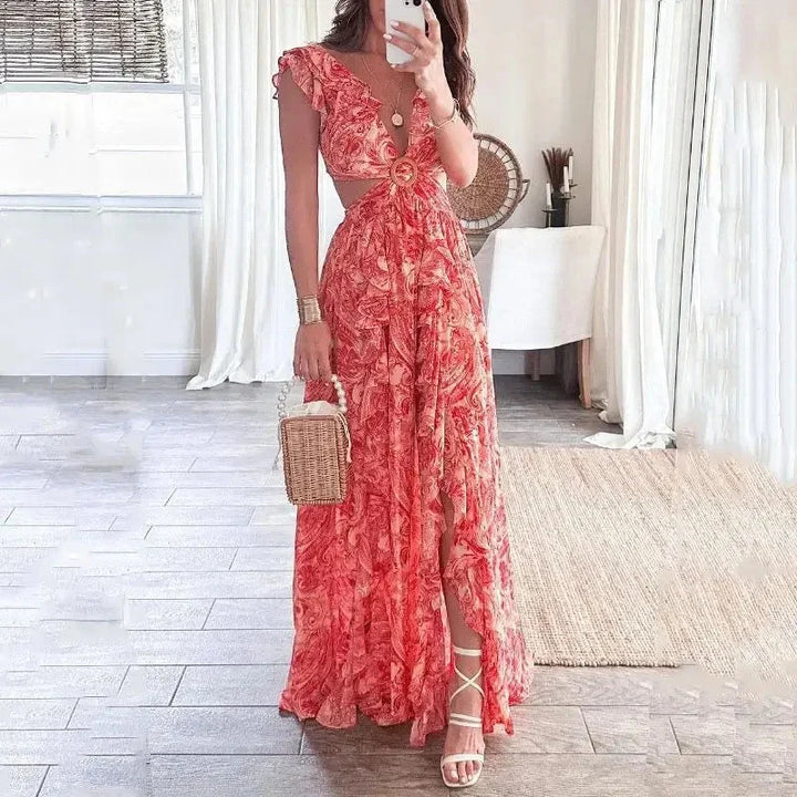 Vestito lungo floreale con cut-out e scollo a V elegante
