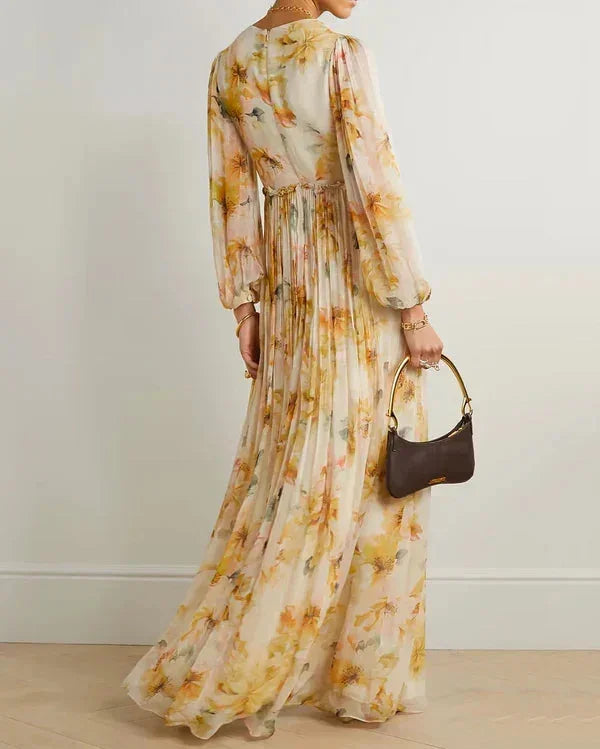 Vestito lungo donna floreale beige con scollo a V e spacco