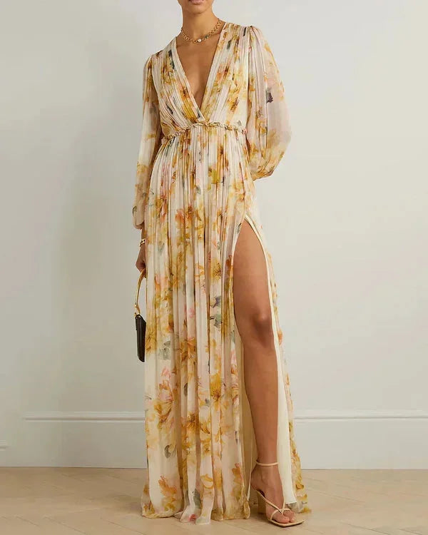 Vestito lungo donna floreale beige con scollo a V e spacco