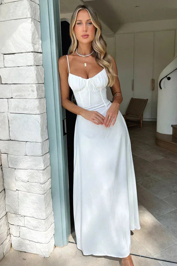 Vestito lungo bustier arricciato con spalline regolabili