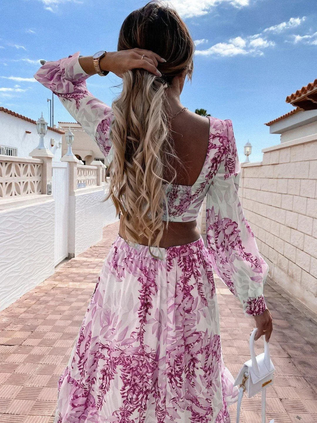 Vestito lungo donna floreale a maniche lunghe con scollo a V e cut-out