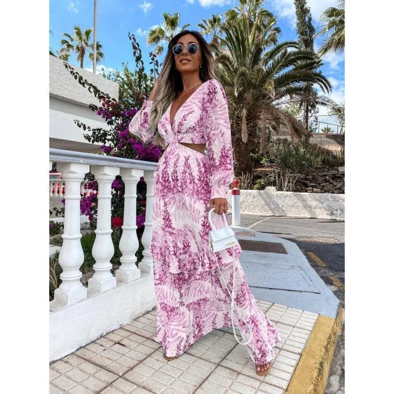 Vestito lungo donna floreale a maniche lunghe con scollo a V e cut-out