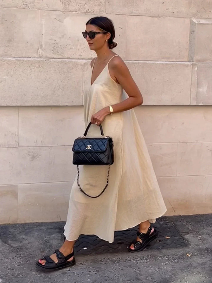 Vestito lungo fluido donna con bretelline sottili e volant