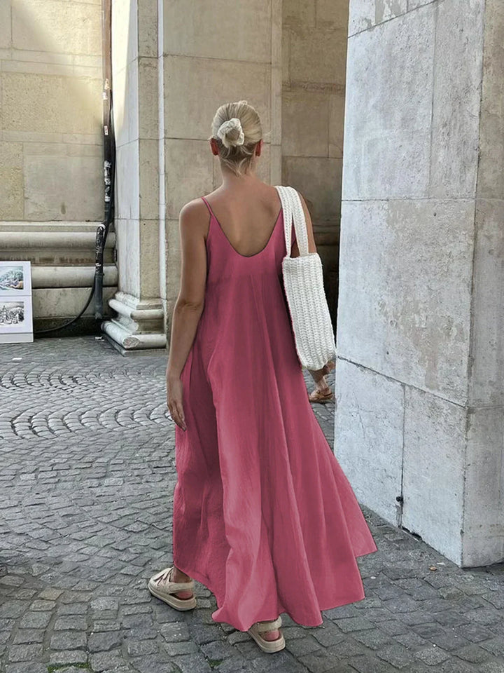 Vestito lungo fluido donna con bretelline sottili e volant