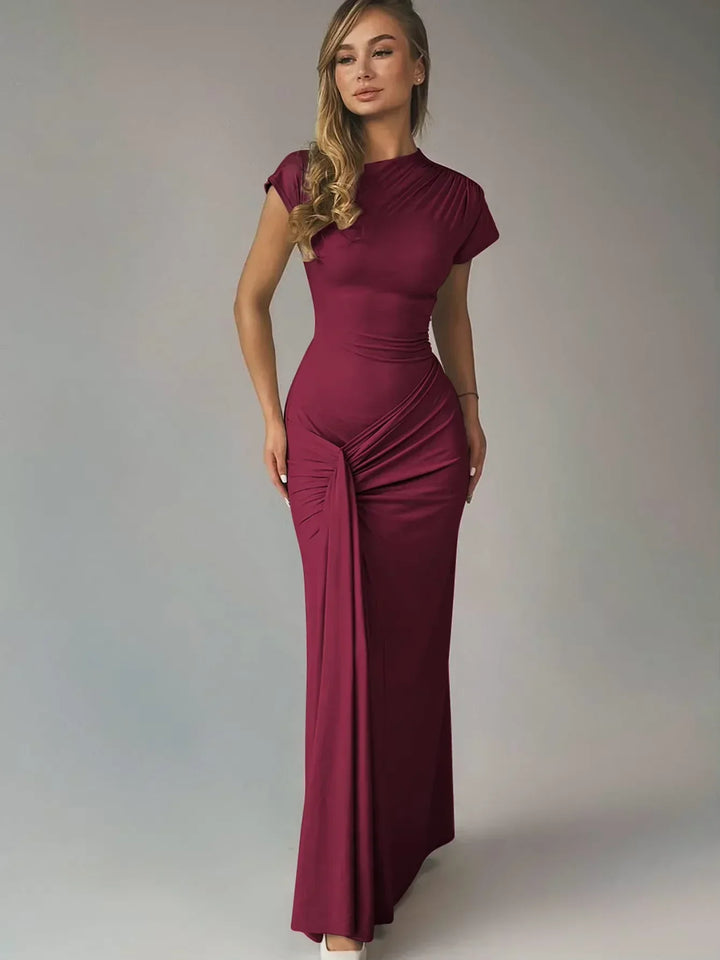 Vestito lungo fluido donna arricciato maniche corte per serata