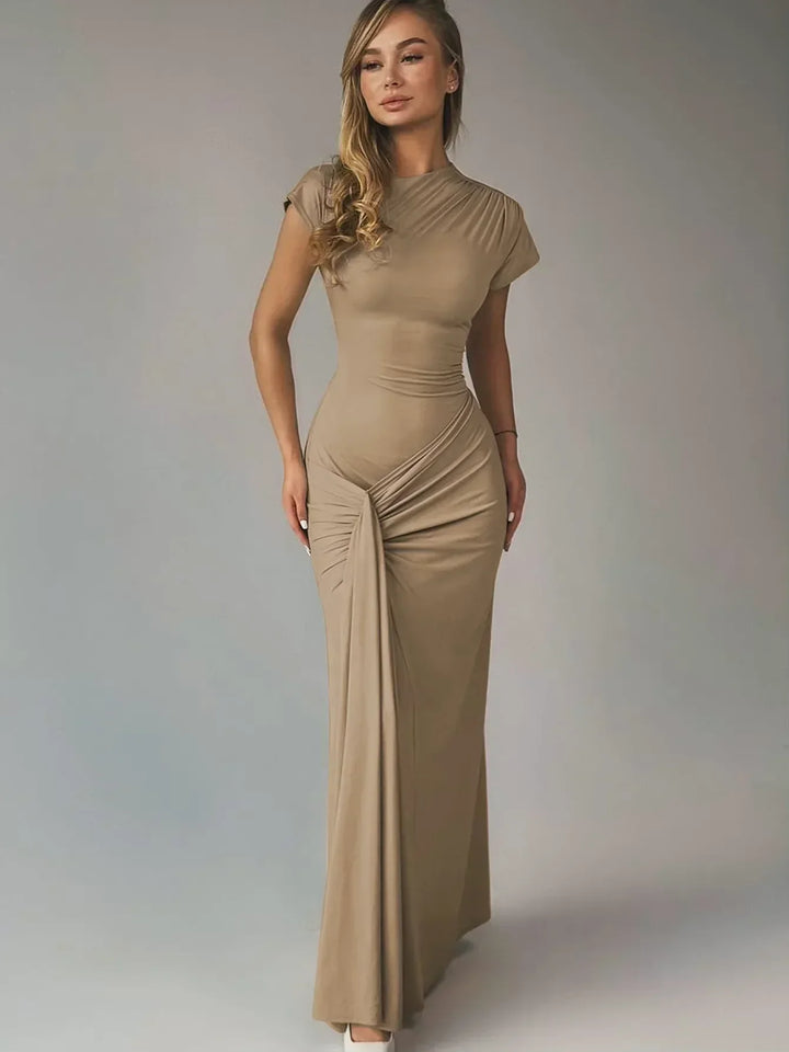 Vestito lungo fluido donna arricciato maniche corte per serata