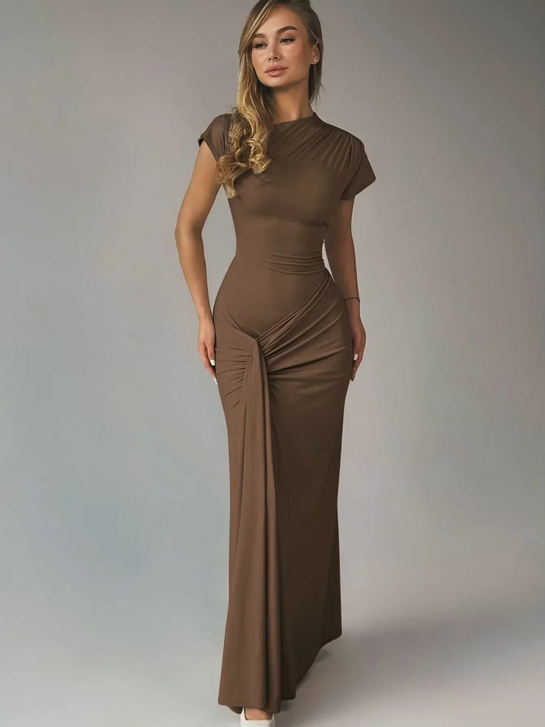 Vestito lungo fluido donna arricciato maniche corte per serata