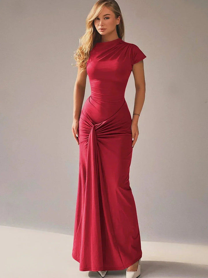 Vestito lungo fluido donna arricciato maniche corte per serata