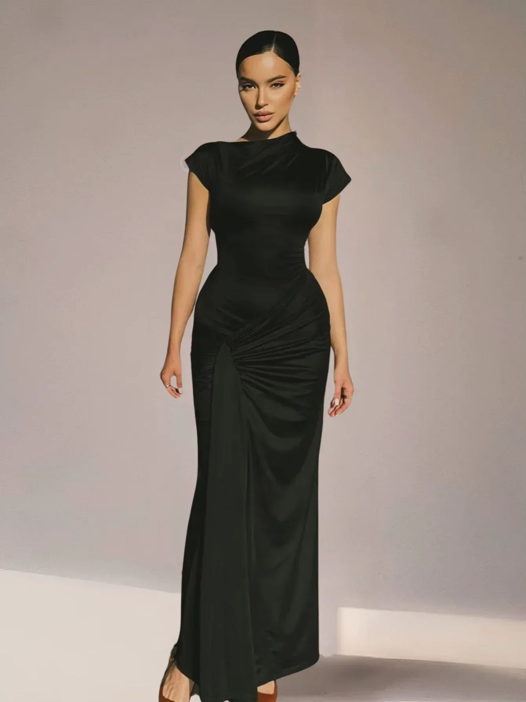 Vestito lungo fluido donna arricciato maniche corte per serata