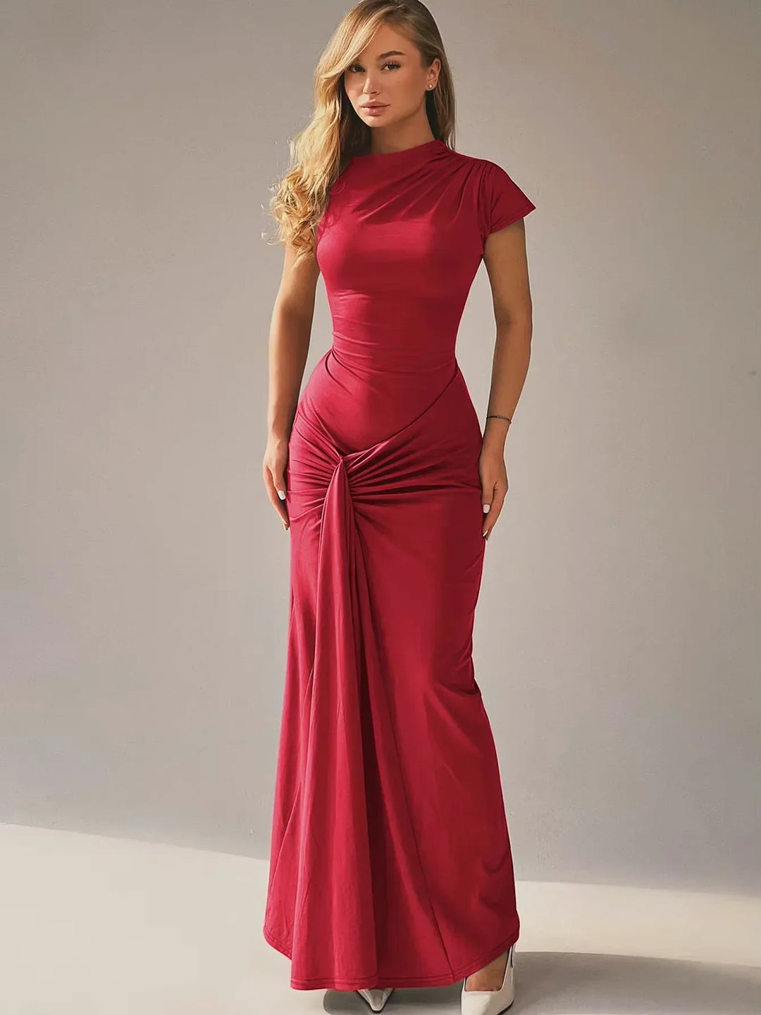 Vestito lungo fluido donna arricciato maniche corte per serata