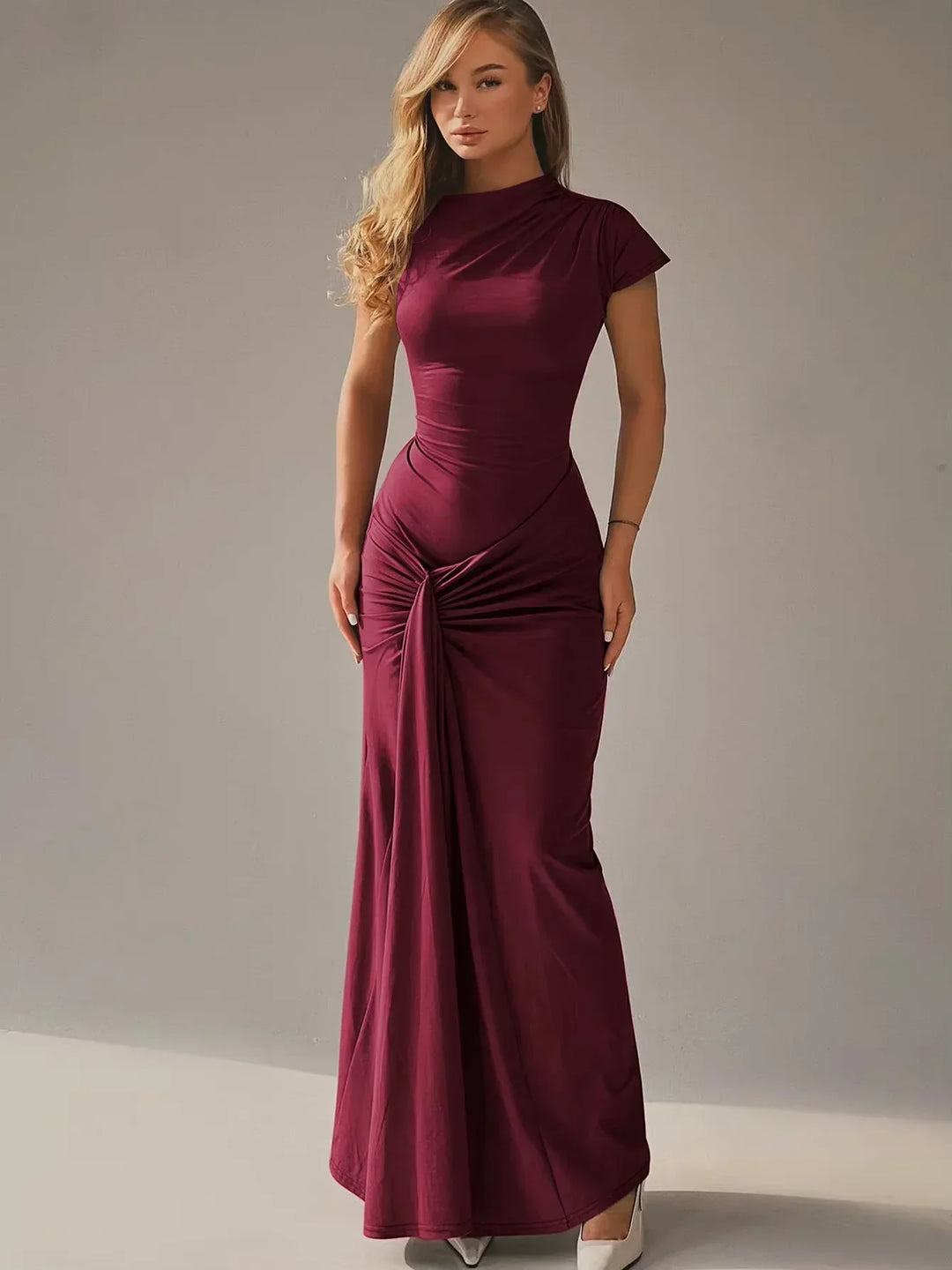 Vestito lungo fluido donna arricciato maniche corte per serata