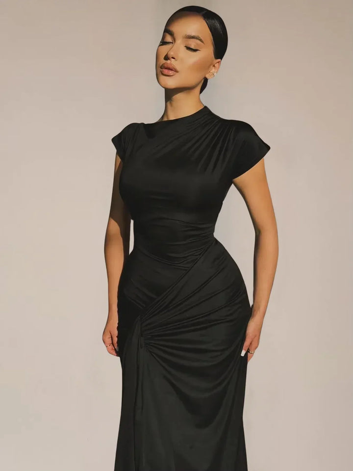 Vestito lungo fluido donna arricciato maniche corte per serata