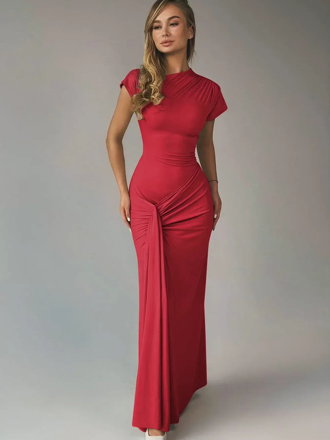 Vestito lungo fluido donna arricciato maniche corte per serata